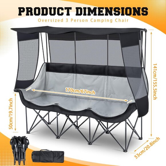3 Person Camping Chair with Canopy Shade Fully Padded Folding Camping Beach Lawn - Picture 3 of 6
